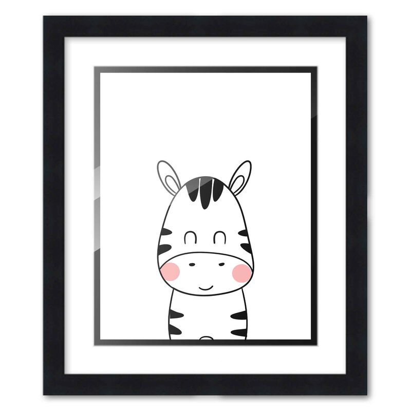 8x10 Framed Nursery Wall Art Black & White Zebra Poster with White Mat in a 10x12 Black Wood Frame