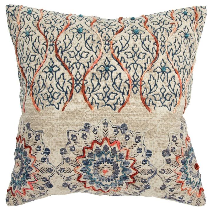 Homezia Beige Blue Distressed Floral Pattern Throw Pillow