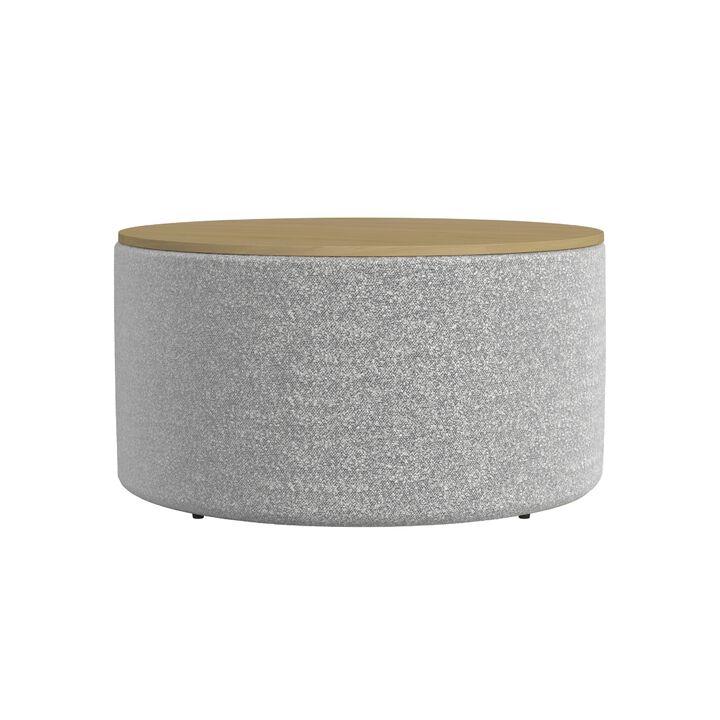 Mesy Storage Ottoman, 30 Inch Round Lift Tray Top, Light Gray Boucle - Benzara