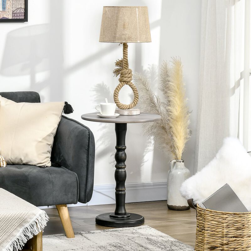 Pedestal Side Table with Round Tabletop, Rustic End Table with Solid Wood Leg for Living Room, Bedroom, Light Grey/Black