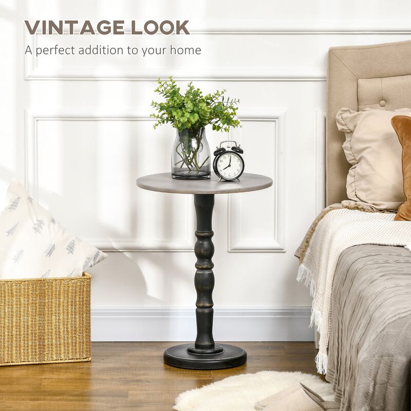 Pedestal Side Table with Round Tabletop, Rustic End Table with Solid Wood Leg for Living Room, Bedroom, Light Grey/Black