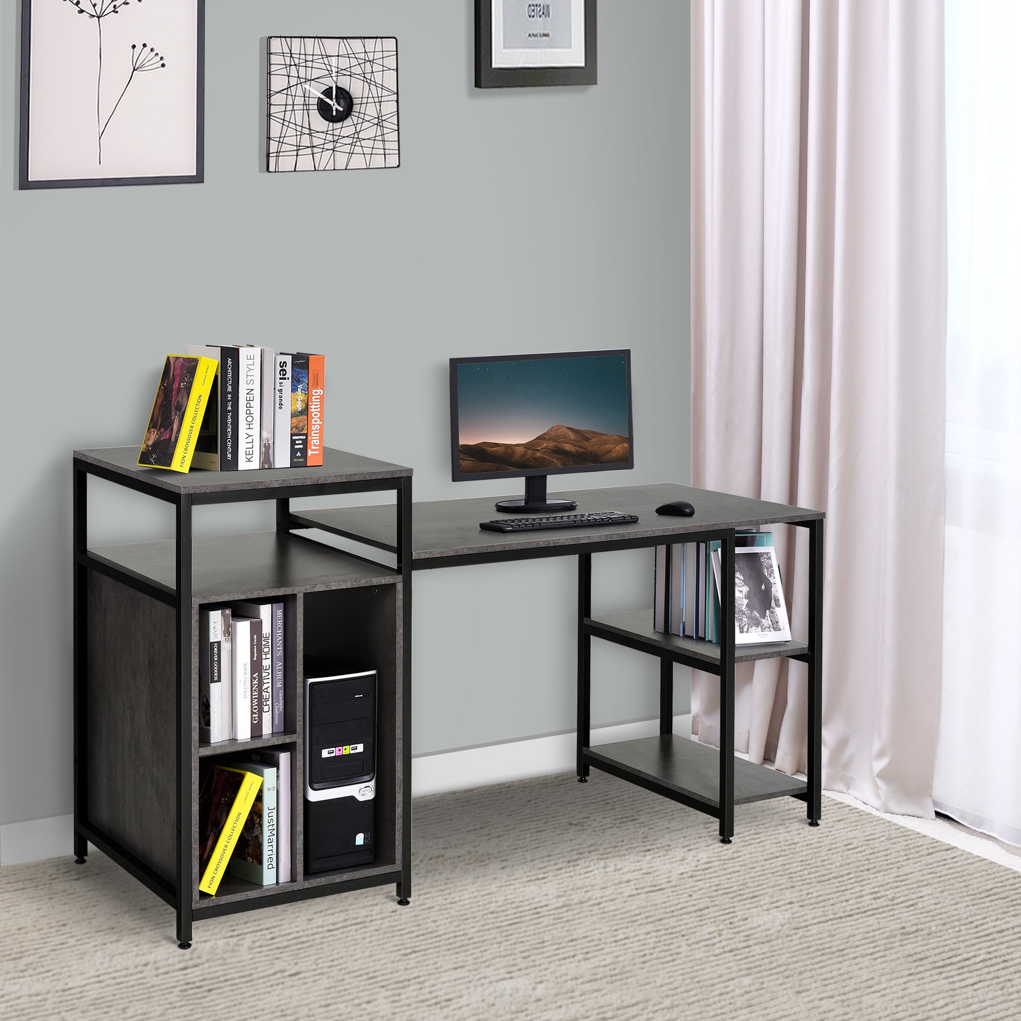 Halifax North America 68 inch Office Table Computer 36.5 High Desk Workstation Bookshelf with CPU Stand | Mathis Home