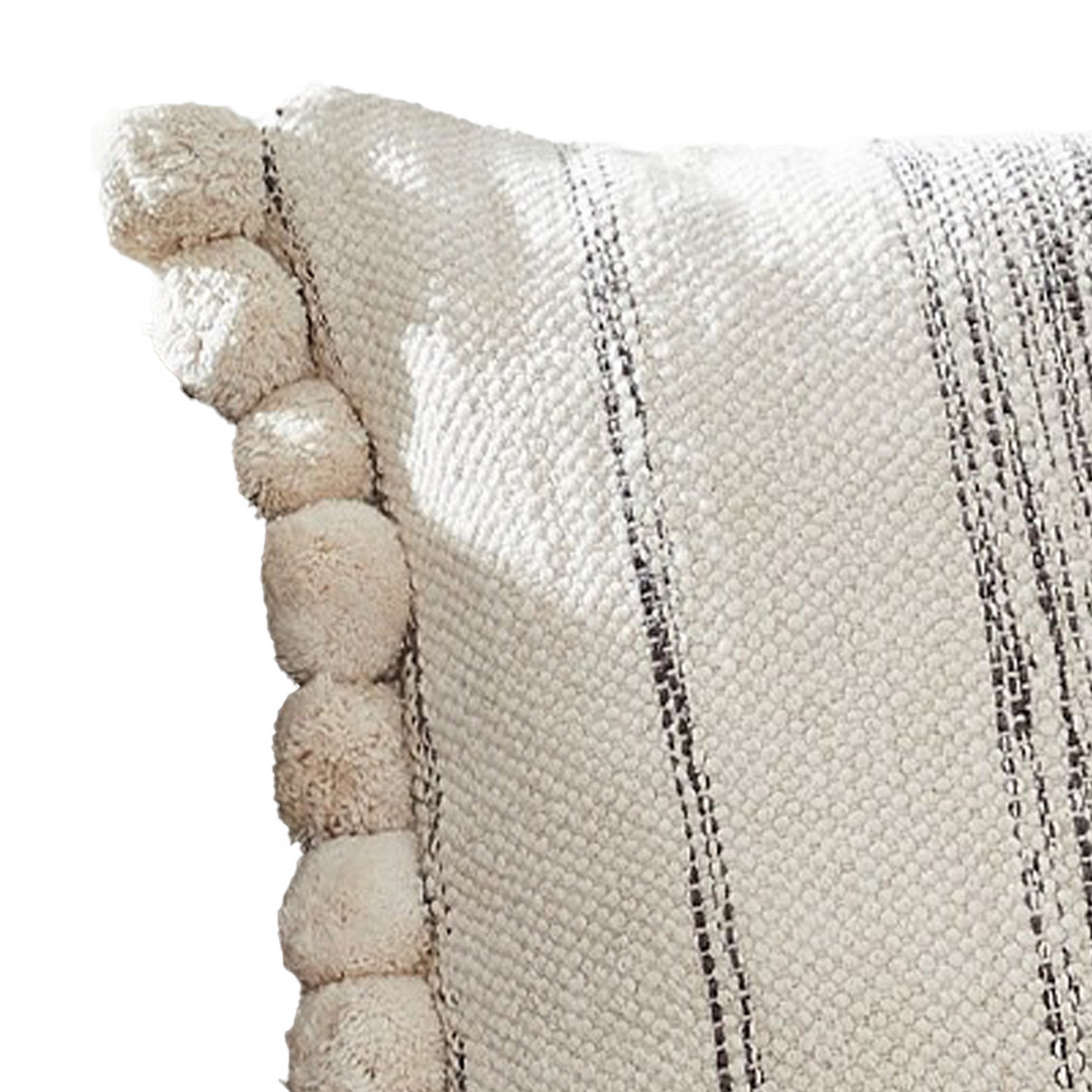 18 Inch Decorative Throw Pillow Cover, Textured, Pom Pom Edges,  Cream-Benzara