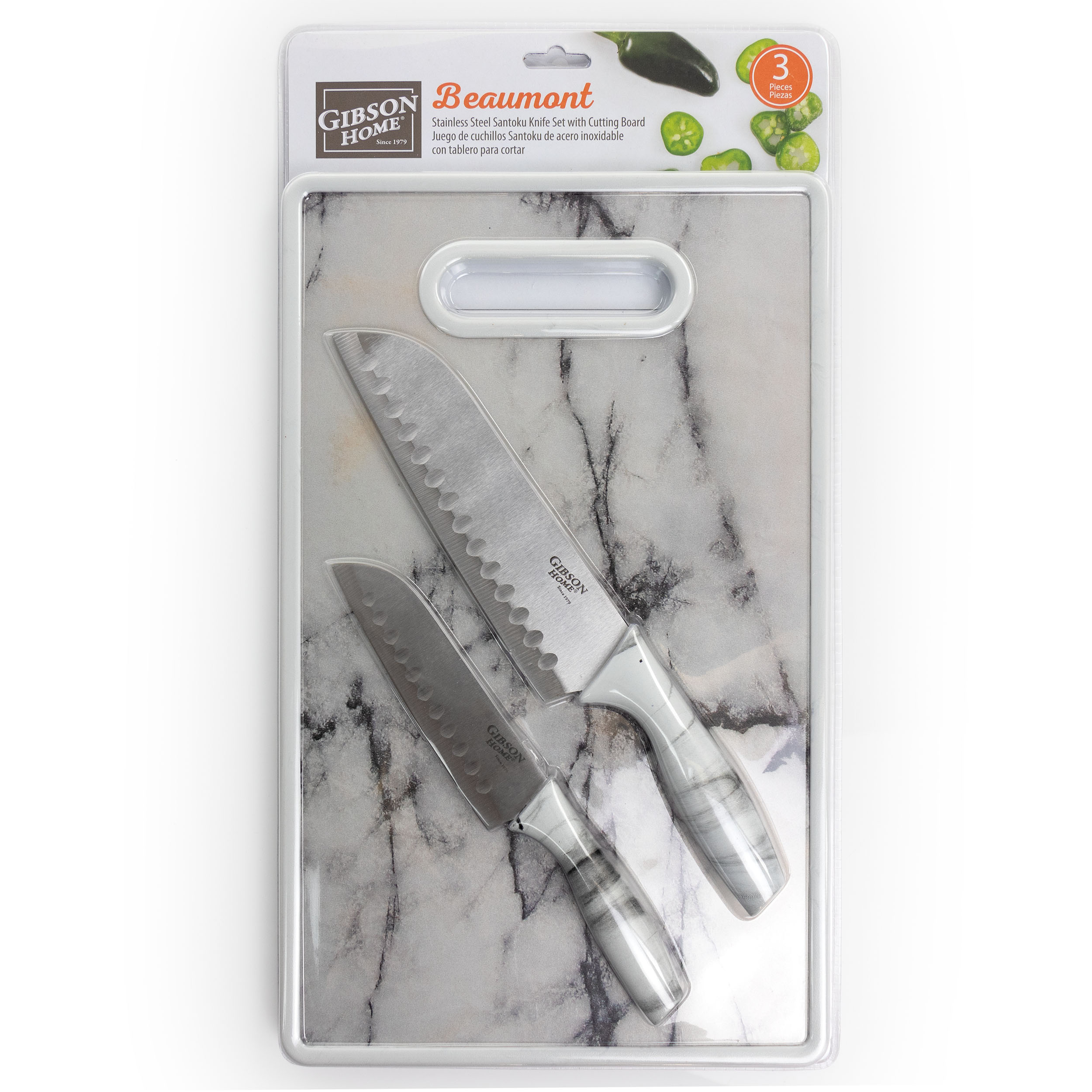 Gibson Home Beaumont 3 Piece Stainless Steel Santoku Knife Set with Cutting  Board in White Marble