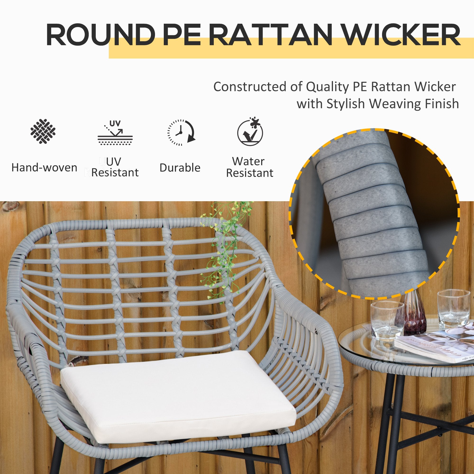 Cream White 3 Pieces Patio PE Rattan Bistro Set Outdoor Round