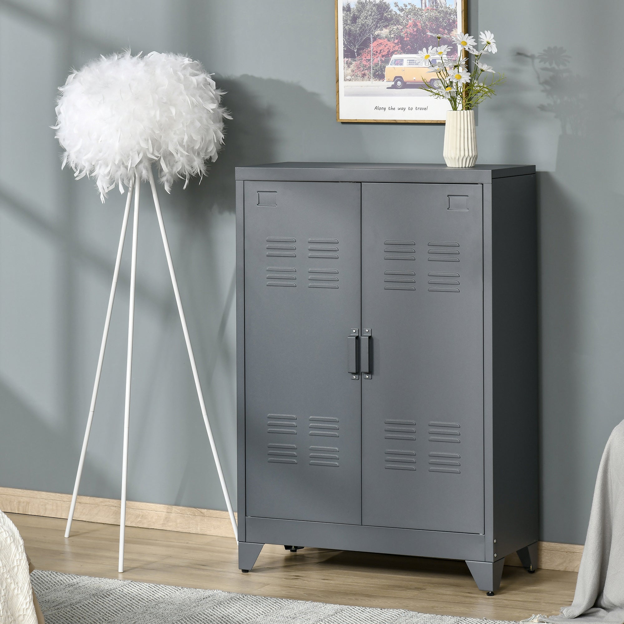 Halifax North America - Industrial Style Steel Storage Cabinet, Metal Storage Organizer with 2-Tier Adjustable Shelves for Living Room or Home