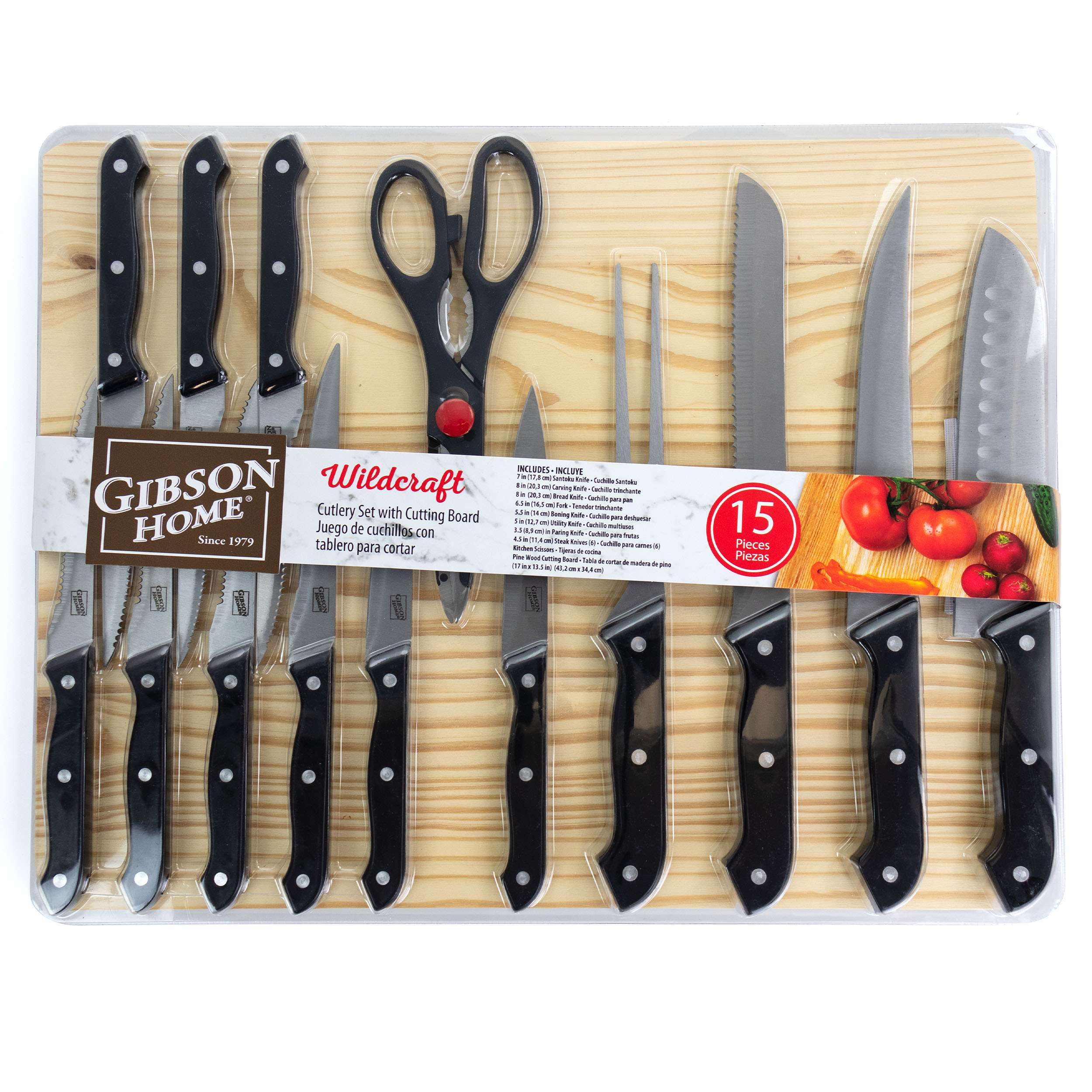 Gibson Home Wildcraft 15-Piece Stainless Steel Knife Set with Pine