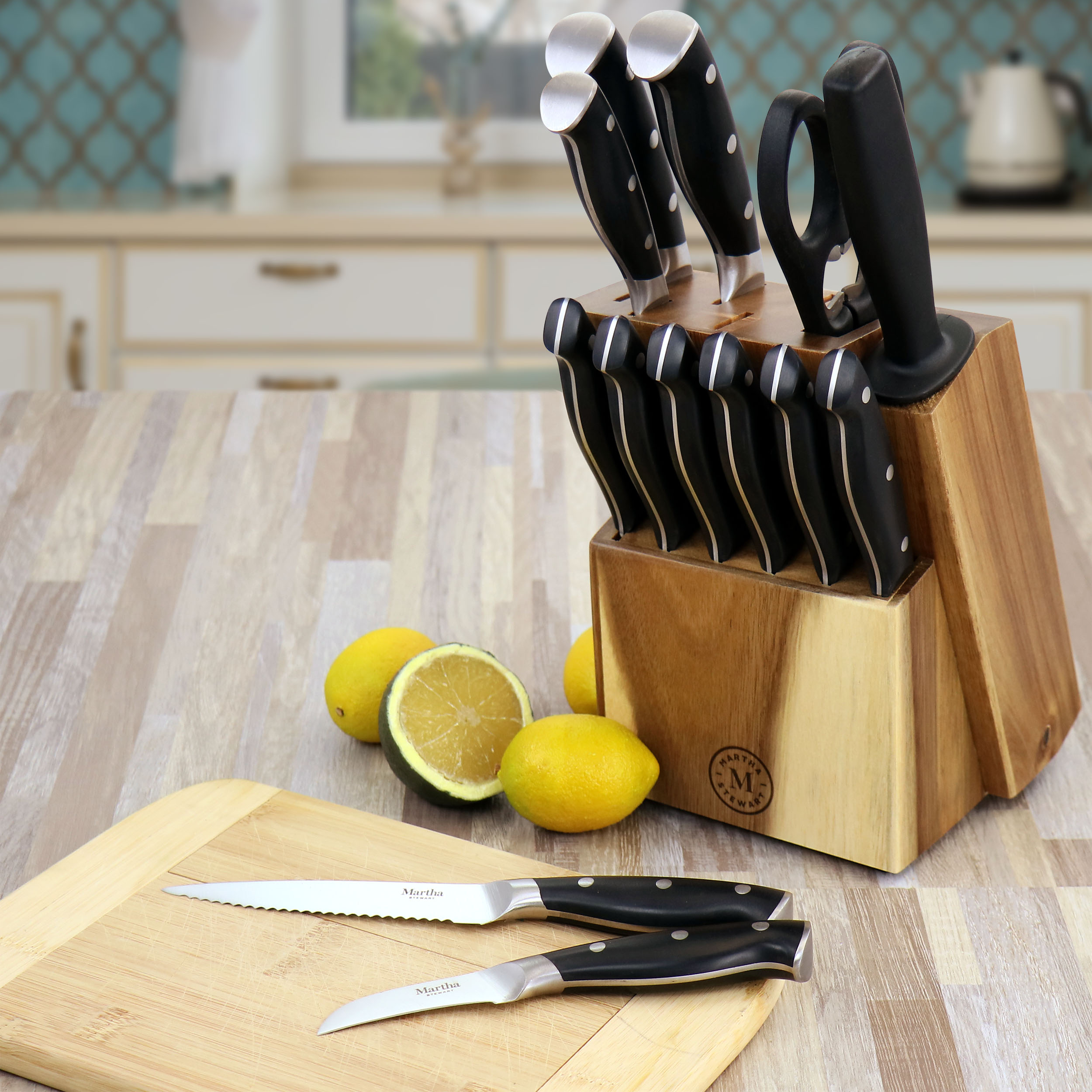 Martha Stewart Stainless Steel 14 Piece Cutlery And Knife Block Set In  Cream